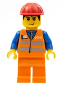 Minifigurka: TRN132:  Orange Vest with Safety Stripes - Orange Legs, Red Construction Helmet, Black Hair, Eyebrows, and Smirk