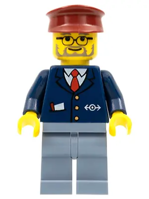 TRN138:  Train Conductor - Male, Dark Blue Suit, Sand Blue Legs, Dark Red Hat