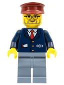 Minifigurka: TRN138:  Train Conductor - Male, Dark Blue Suit, Sand Blue Legs, Dark Red Hat