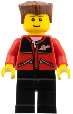 TRN140:  Red Jacket with Zipper Pockets and Classic Space Logo, Black Legs, Reddish Brown Flat Top Hair