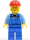 Minifigurka: TRN141:  Overalls with Tools in Pocket Blue, Red Construction Helmet, Cheek Lines