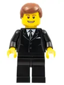 Minifigurka: TRN142:  Suit Black, Reddish Brown Male Hair, Thin Grin with Teeth