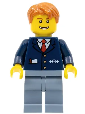 TRN146:  Train Conductor - Male, Dark Blue Suit with Train Logo, Sand Blue Legs, Dark Orange Hair