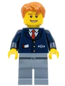 Minifigurka: TRN146:  Train Conductor - Male, Dark Blue Suit with Train Logo, Sand Blue Legs, Dark Orange Hair