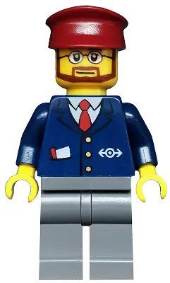 TRN148:  Dark Blue Suit with Train Logo, Dark Bluish Gray Legs, Dark Red Hat, Beard and Glasses