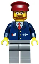 Minifigurka: TRN148:  Dark Blue Suit with Train Logo, Dark Bluish Gray Legs, Dark Red Hat, Beard and Glasses