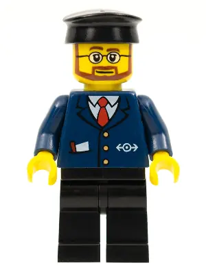 TRN223:  Dark Blue Suit with Train Logo, Black Legs, Black Hat, Beard and Glasses
