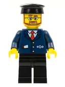 Minifigurka: TRN223:  Dark Blue Suit with Train Logo, Black Legs, Black Hat, Beard and Glasses