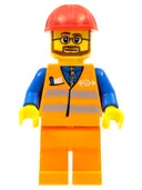 Minifigurka: TRN224:  Orange Vest with Safety Stripes - Orange Legs, Red Construction Helmet, Beard and Glasses