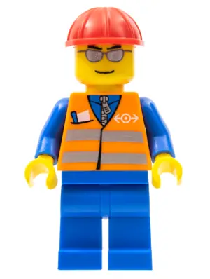 TRN225:  Orange Vest with Safety Stripes - Blue Legs, Silver Glasses, Red Construction Helmet