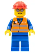 Minifigurka: TRN225:  Orange Vest with Safety Stripes - Blue Legs, Silver Glasses, Red Construction Helmet