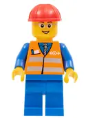 Minifigurka: TRN226:  Orange Vest with Safety Stripes - Blue Legs, Gray Frame Glasses, Red Construction Helmet