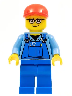 TRN227:  Overalls with Tools in Pocket, Blue Legs, Red Short Bill Cap, Glasses with Brown Thin Eyebrows
