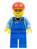 Minifigurka: TRN227:  Overalls with Tools in Pocket, Blue Legs, Red Short Bill Cap, Glasses with Brown Thin Eyebrows