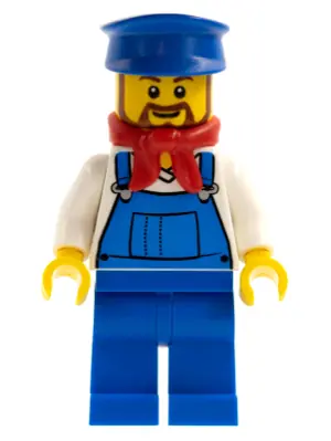 TRN228:  Overalls Blue over V-Neck Shirt, Blue Legs, Blue Hat, Brown Beard Rounded - Cargo Train Driver