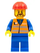 Minifigurka: TRN230:  Orange Vest with Safety Stripes - Blue Legs, Red Construction Helmet, Brown Beard Rounded