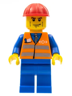 TRN231:  Orange Vest with Safety Stripes - Blue Legs, Brown Eyebrows and Cheek Lines, Red Construction Helmet