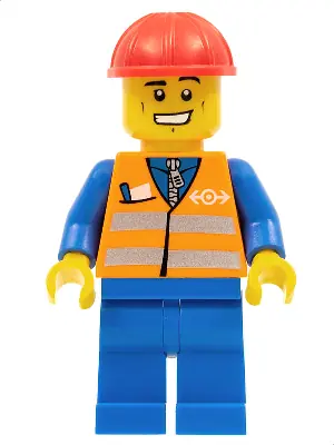 TRN232:  Orange Vest with Safety Stripes - Blue Legs, Cheek Lines and Wide Grin, Red Construction Helmet