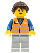 Minifigurka: TRN233:  Orange Vest with Safety Stripes - Light Bluish Gray Legs, Dark Brown Hair Ponytail Long French Braided