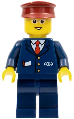 TRN234:  Steward - Dark Blue Suit with Train Logo, Dark Blue Legs, Dark Red Hat, Glasses