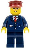 Minifigurka: TRN234:  Steward - Dark Blue Suit with Train Logo, Dark Blue Legs, Dark Red Hat, Glasses