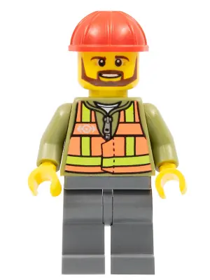 TRN235:  Cargo Train Driver - Neon Red Safety Vest, Dark Bluish Gray Legs, Red Construction Helmet, Brown Beard