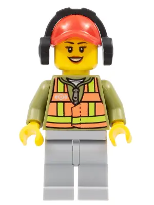 TRN236:  Light Orange Safety Vest, Light Bluish Gray Legs, Red Cap with Hole, Headphones, Dark Orange Lips