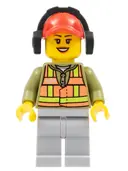Minifigurka: TRN236:  Light Orange Safety Vest, Light Bluish Gray Legs, Red Cap with Hole, Headphones, Dark Orange Lips