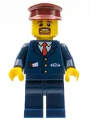 Minifigurka: TRN237:  Dark Blue Suit with Train Logo, Dark Blue Legs, Dark Red Hat, Brown Moustache and Goatee