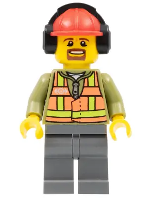 TRN238:  Light Orange Safety Vest, Dark Bluish Gray Legs, Red Construction Helmet with Black Ear Protectors / Headphones, Goatee