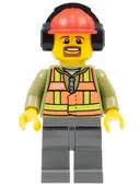 Minifigurka: TRN238:  Light Orange Safety Vest, Dark Bluish Gray Legs, Red Construction Helmet with Black Ear Protectors / Headphones, Goatee