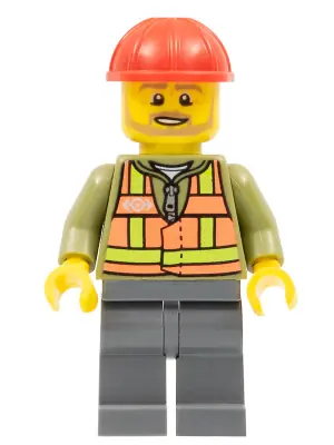 TRN239:  Light Orange Safety Vest, Dark Bluish Gray Legs, Red Construction Helmet, Beard Light Brown Angular