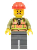 Minifigurka: TRN239:  Light Orange Safety Vest, Dark Bluish Gray Legs, Red Construction Helmet, Beard Light Brown Angular