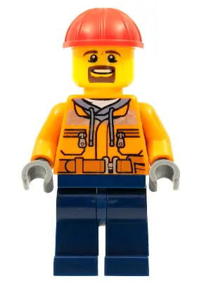TRN242:  Forklift Driver - Male, Orange Safety Jacket, Reflective Stripe, Sand Blue Hoodie, Dark Blue Legs, Red Construction Helmet, Goatee