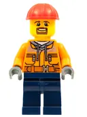 Minifigurka: TRN242:  Forklift Driver - Male, Orange Safety Jacket, Reflective Stripe, Sand Blue Hoodie, Dark Blue Legs, Red Construction Helmet, Goatee