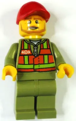 TRN244:  Train Driver - Orange Safety Vest with Lime Stripes, Olive Green Legs, Red Cap with Hole, Beard Dark Tan Angular