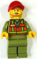 Minifigurka: TRN244:  Train Driver - Orange Safety Vest with Lime Stripes, Olive Green Legs, Red Cap with Hole, Beard Dark Tan Angular