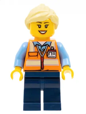 TRN245:  Train Worker - Female, Orange Safety Vest with Badge, Dark Blue Legs, Bright Light Yellow Ponytail and Swept Sideways Fringe