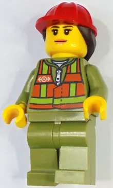 TRN246:  Train Worker - Female, Orange Safety Vest with Lime Stripes, Olive Green Legs, Red Construction Helmet with Dark Brown Ponytail Hair