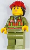 Minifigurka: TRN246:  Train Worker - Female, Orange Safety Vest with Lime Stripes, Olive Green Legs, Red Construction Helmet with Dark Brown Ponytail Hair