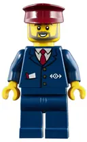 Minifigurka: TRN248:  Dark Blue Suit with Train Logo, Dark Blue Legs, Dark Red Hat, Gray Beard