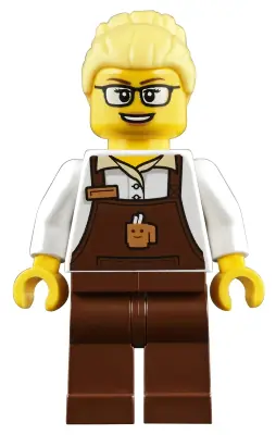 TRN249:  Barista - Female, Reddish Brown Apron with Cup and Name Tag, Reddish Brown Legs, Bright Light Yellow Hair, Glasses