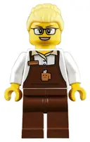 Minifigurka: TRN249:  Barista - Female, Reddish Brown Apron with Cup and Name Tag, Reddish Brown Legs, Bright Light Yellow Hair, Glasses
