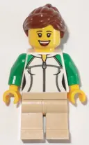 Minifigurka: TRN250:  Train Passenger - Female, White and Green Sweatshirt with Zipper, Tan Legs, Reddish Brown Hair with Ponytail, Freckles