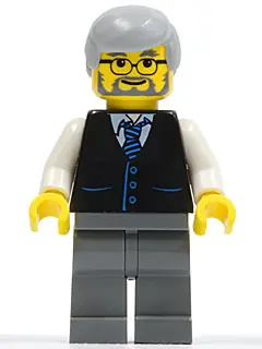 TWN028:  Black Vest with Blue Striped Tie, Dark Bluish Gray Legs, White Arms, Light Bluish Gray Male Hair, Glasses