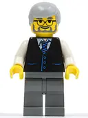 Minifigurka: TWN028:  Black Vest with Blue Striped Tie, Dark Bluish Gray Legs, White Arms, Light Bluish Gray Male Hair, Glasses