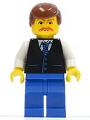 Minifigurka: TWN033:  Black Vest with Blue Striped Tie, Blue Legs, White Arms, Reddish Brown Male Hair, Moustache
