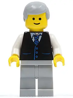 TWN041:  Black Vest with Blue Striped Tie, Light Bluish Gray Legs, White Arms, Light Bluish Gray Male Hair, Smile