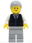 Minifigurka: TWN041:  Black Vest with Blue Striped Tie, Light Bluish Gray Legs, White Arms, Light Bluish Gray Male Hair, Smile