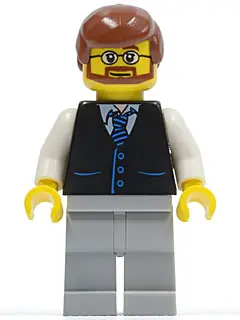TWN048:  Black Vest with Blue Striped Tie, Light Bluish Gray Legs, White Arms, Reddish Brown Male Hair, Beard and Glasses
